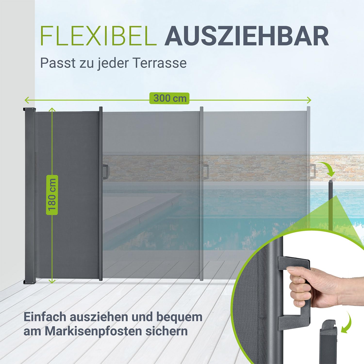 Juskys® Seitenmarkise Dubai 180 x 300 cm ausziehbar Blickdicht, Sichtschutz für Balkon & Terrasse, Seitenrollo mit Wandhalterung - grau