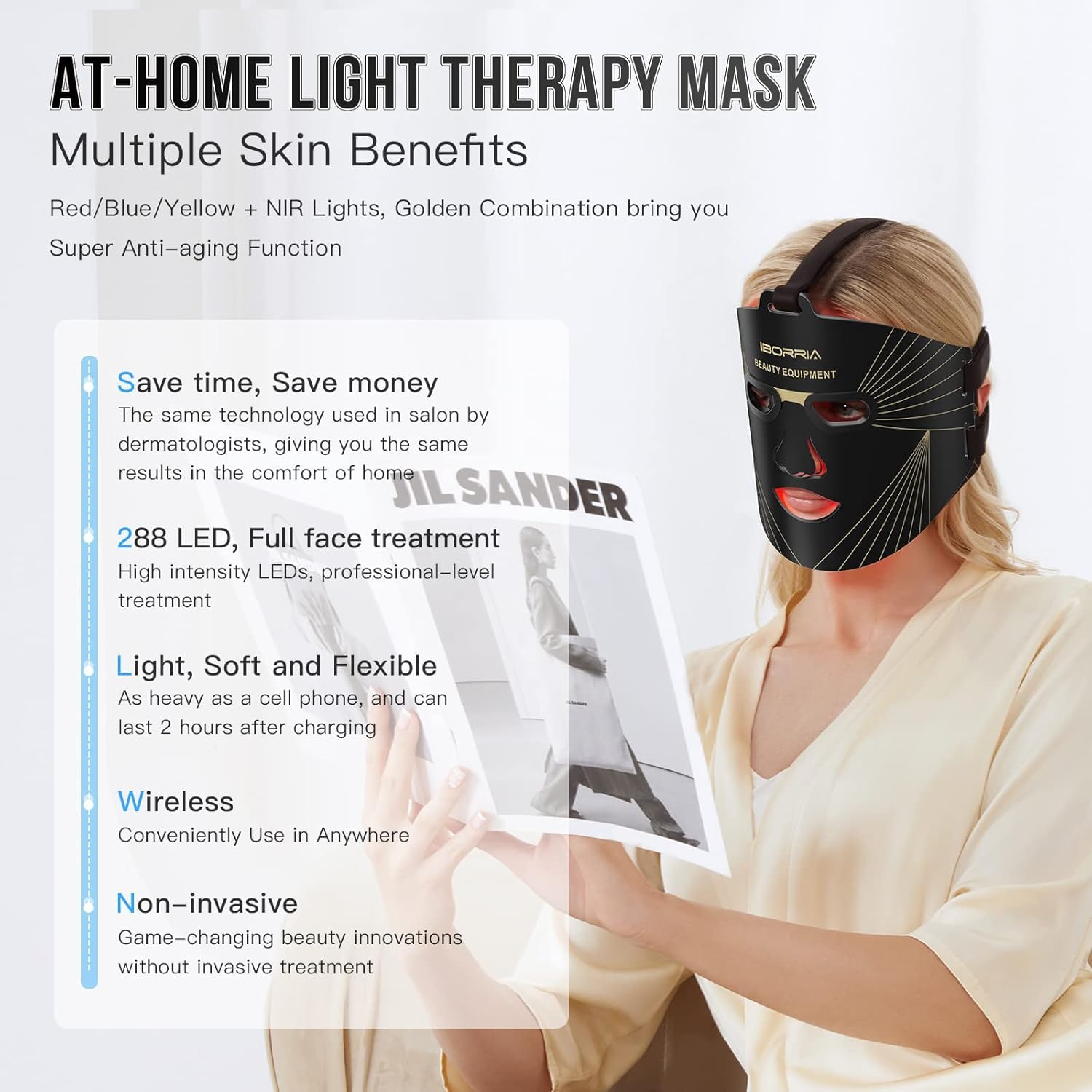 Maschera LED per il Viso, Terapia della Luce Rossa, 3 Colori con Luce nel Vicino Infrarosso, Dispositivo per la Cura per Tutti i Tipi di Pelle a Casa (Nero)