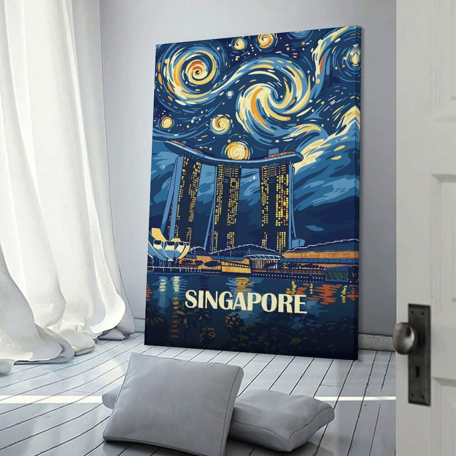 Junmoney Wall Picture Print Singapore Cityscape Starry Night Art, 20x30inch(50x75cm), for Workspace Walls, Study Corners Or Bedrooms, A Smart Decor Choice for Study Walls