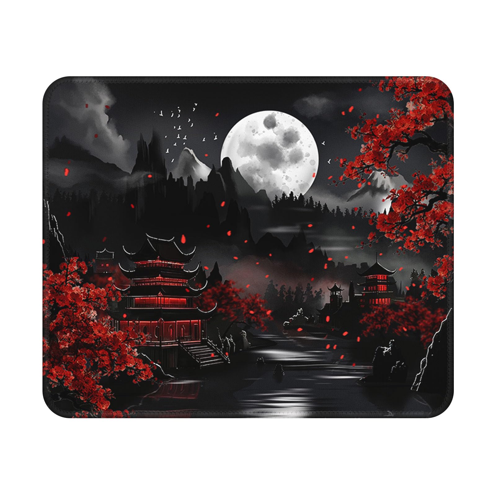 Japanese Mouse Pad - 9.5x7.9 Inch Anime Moonlight Mousepad Night Lake Keyboard Mat with Anti-Slip Rubber Base for Computer Mouse Keyboard Home and Office
