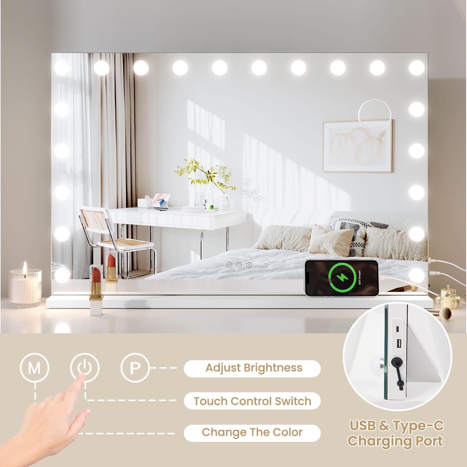 Dripex Miroir Maquillage Hollywood 20 Ampoules LED 3 Modes Luminosité Réglable Contrôle Tactile 90 x 60 cm Blanc