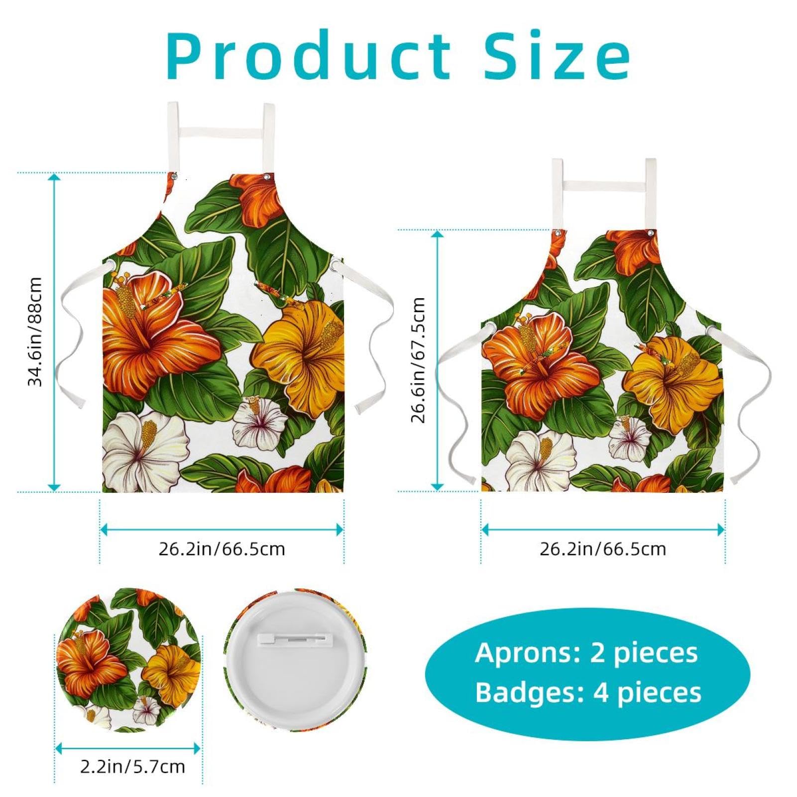Lot de 2 tabliers de cuisine avec badge rond, motif fleur d'hibiscus vintage résistant à l'eau avec 2 poches, tabliers de cuisine pour homme et femme, Art Vintage Hibiscus Fleur,