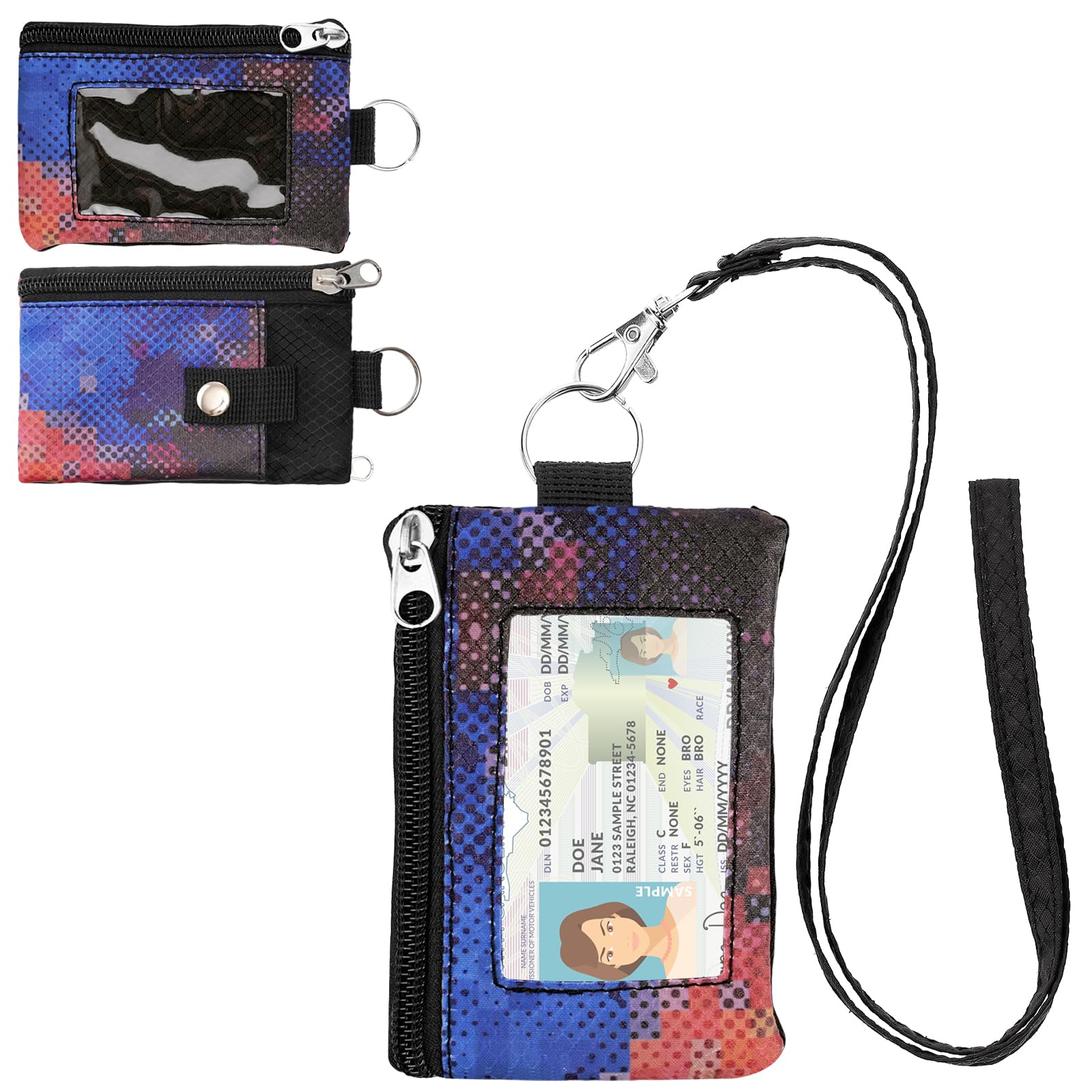 Minimalist RFID Wallet with Lanyard, Multi-functional ID Case with 2 Zipper Pockets and Key Chain for Men and Women, Tactical Badge Pouch Cards Holder, Coin Purse for Travel Sports - Two-Tone