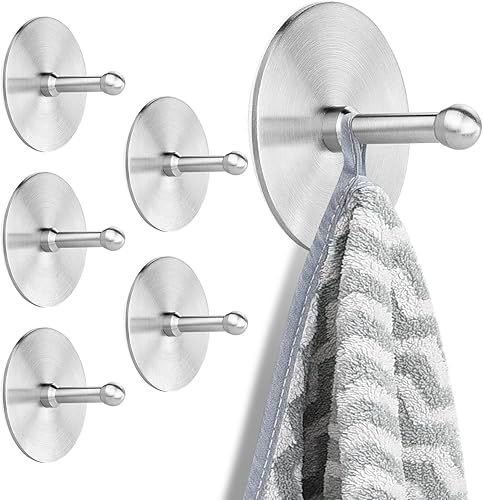 Hystun Ganchos adhesivos, paquete de 6 ganchos de acero inoxidable para colgar ganchos de toallas resistentes, ganchos de pared impermeables,
