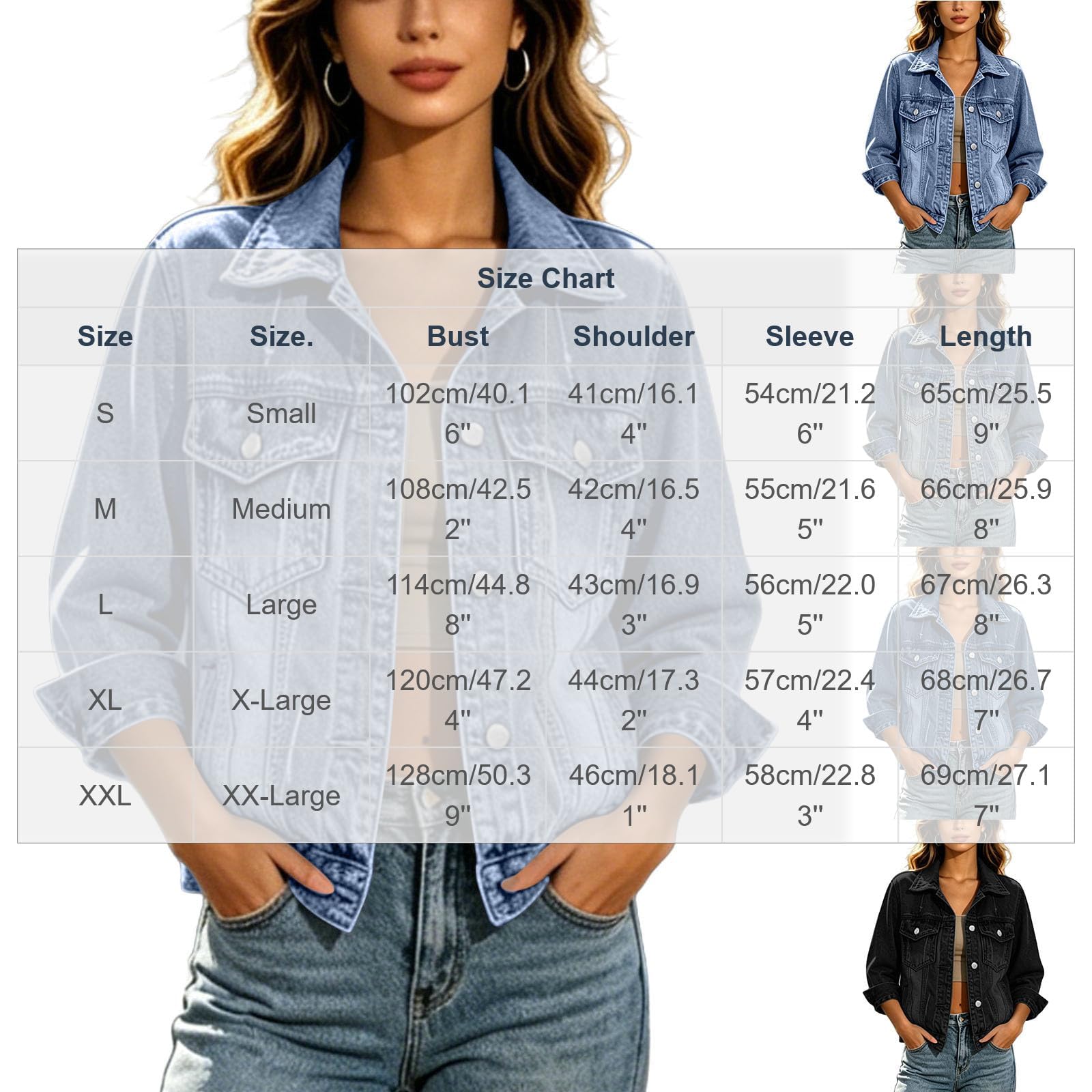 Generisch Jeansjacke Damen Kurz Übergangsjacke Vintage Jacket Reverskragen