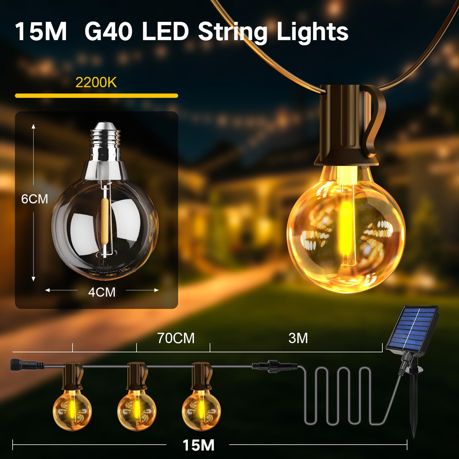 Catena Luminosa Esterno Solare 15M, Luci Solari da Giardino con Telecomando, 17+1 Lampadine LED G40, IP65 Impermeabile, Dimmerabile, Lucine Esterno Energia Solare per Patio Balcone Gazebo Matrimonio