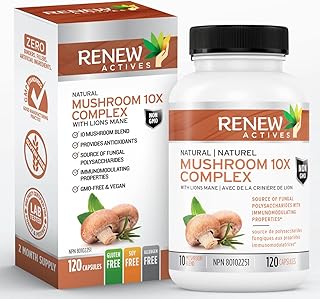Renew Actives High Potency Organic Mushroom Complex Supplement: 10X Complex with Premium Reishi, Lions Mane, Cordyceps, Chaga, Turkey Tail, and Maitake for Immunomodulating Properties & Antioxidant Support - 120 Veggie Capsules. NON-GMO, Vegan & Gluten Free. No Fillers, Binders or Preservatives. Easy to Swallow Capsules!