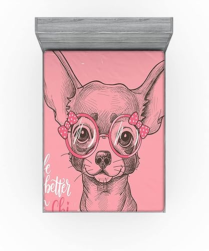 Miniatura 3 de Ambesonne Sábana bajera ajustable para perro, chica, chihuahua, boceto, ilustración, palabras, gafas de moda, cintas, cachorros, ropa de cama de