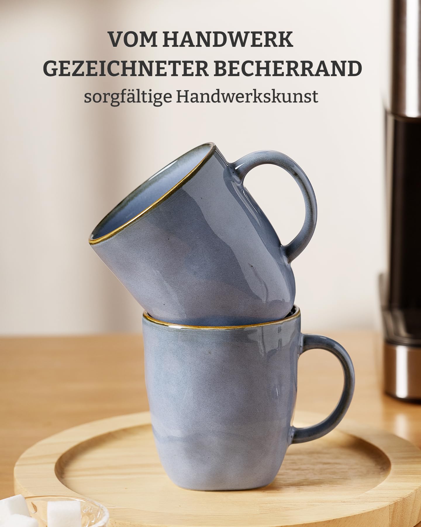 Richmount Kaffeetassen, 6er Set Ocean Square-Serie, 384ml (13oz) mit Henkel, Steingut Tassen für Küche, Spülmaschinen- & mikrowellensicher, für Kakao/Milch/Tee, Blau