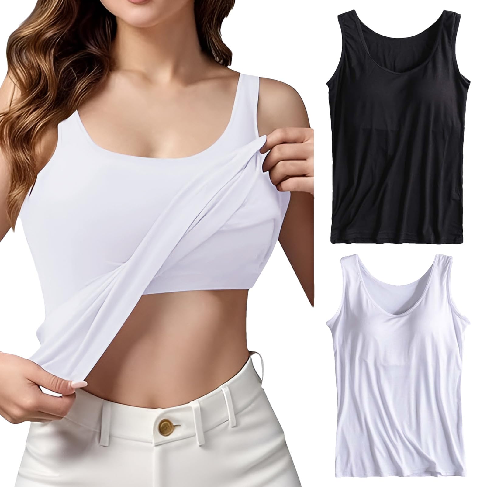 Mujer 2 Piezas Camisetas Tirantes con Sujetador Integrado Camisetas Interiores de Tirantes Anchos Elásticas