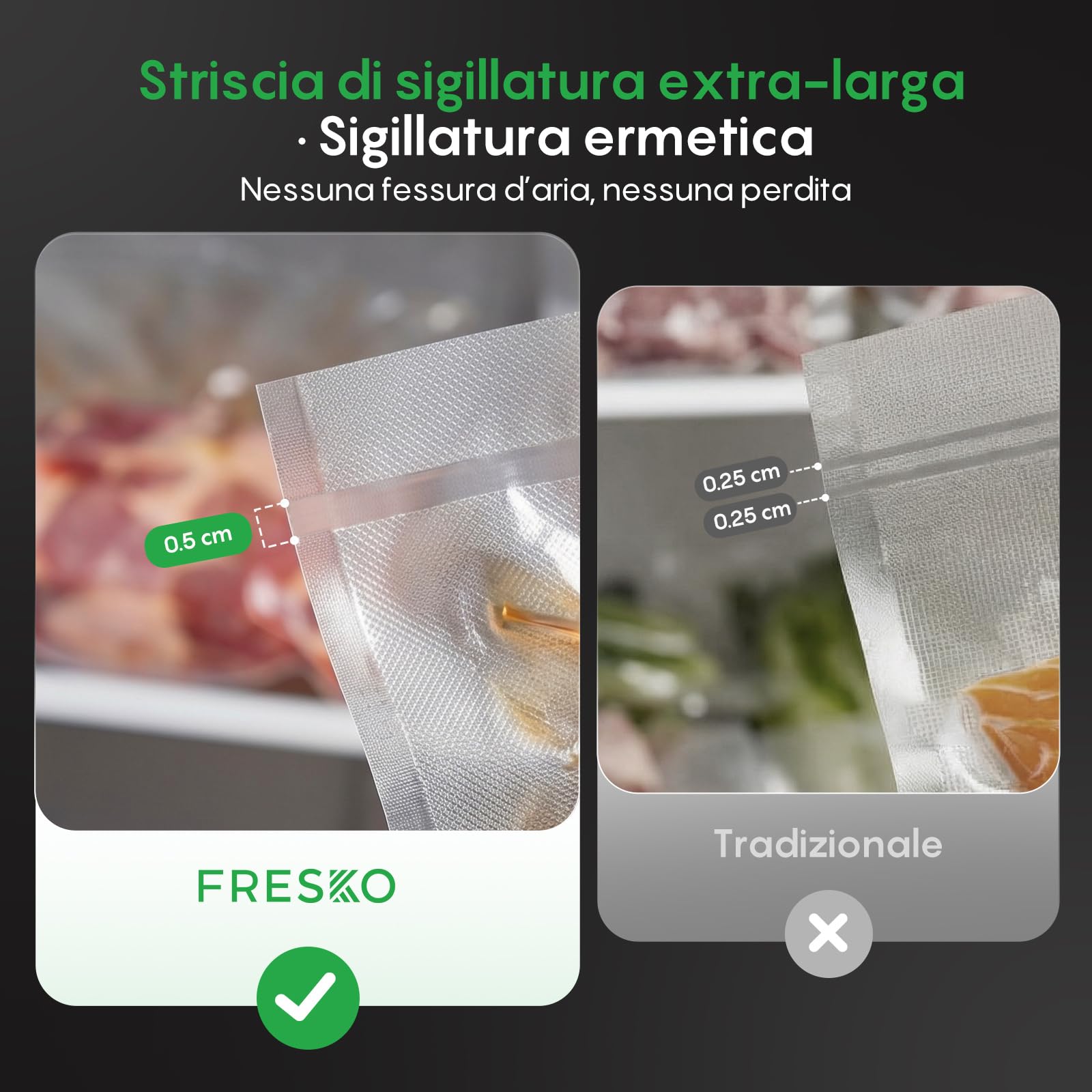 FRESKO Apparecchio Sottovuoto Automatico, 18 L/min Potenza Aspirazione Turbo, Comando a un Tasto, 1 rotoli di sacchetti, 10 Sacchetti Sottovuoto Pretagliati, V8 AutoMax