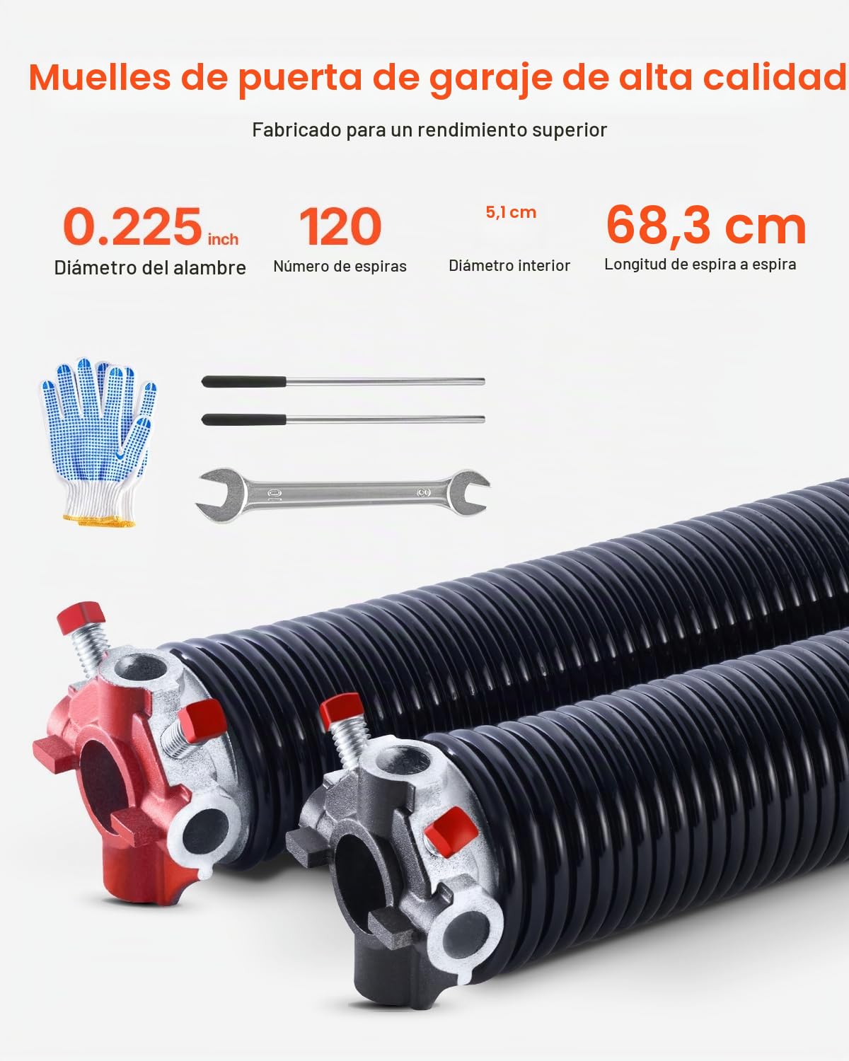 VEVOR Resortes de Torsión para Puertas de Garaje con Barras de Enrollado Antideslizantes y Guantes, Par de Φ5,72 x Φ50,8 x 685 mm, 16 000 Ciclos, Revestimiento Negro de Electroforesis para Reemplazo