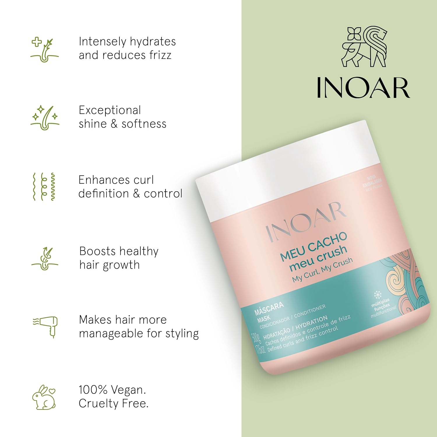 Inoar Meu Cacho Meu Crush Hair Mask with Plant-Based Collagen & Vitamin E for Deep Hydration & Curl Definition, 17.6 oz - Image 3