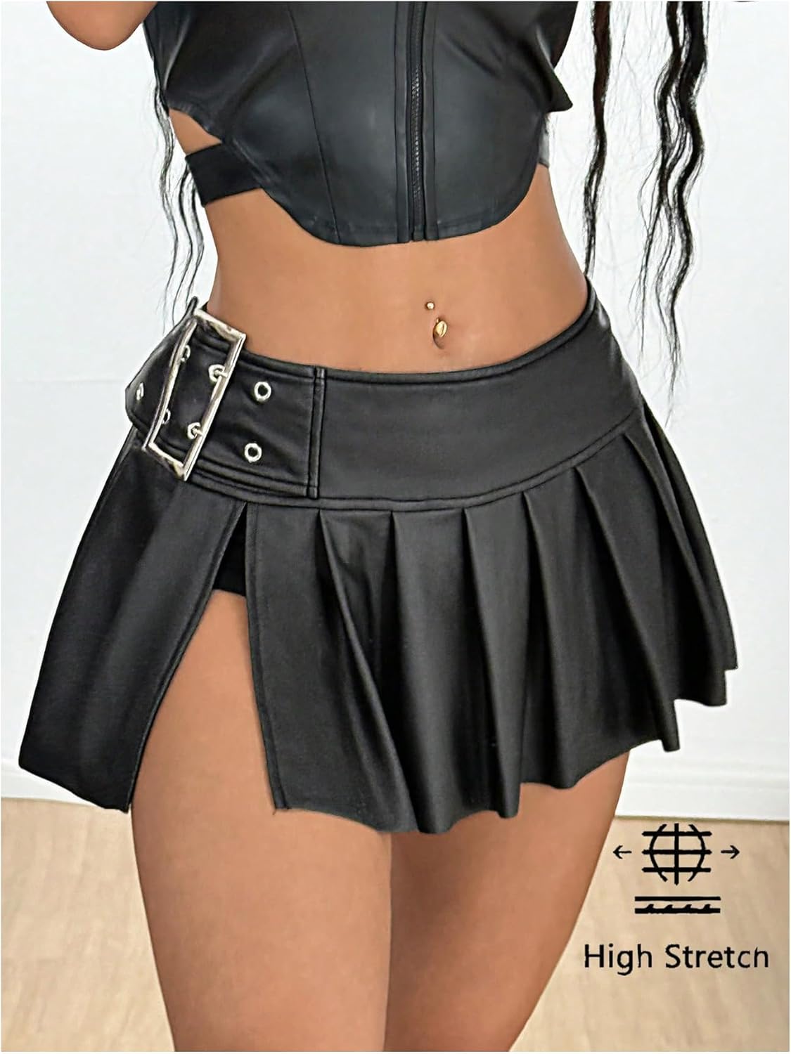Floerns Women's Y2k Leather Skirts Buckle Low Rise Gothic Split Pleated Party Club PU Mini Skirts - Image 3