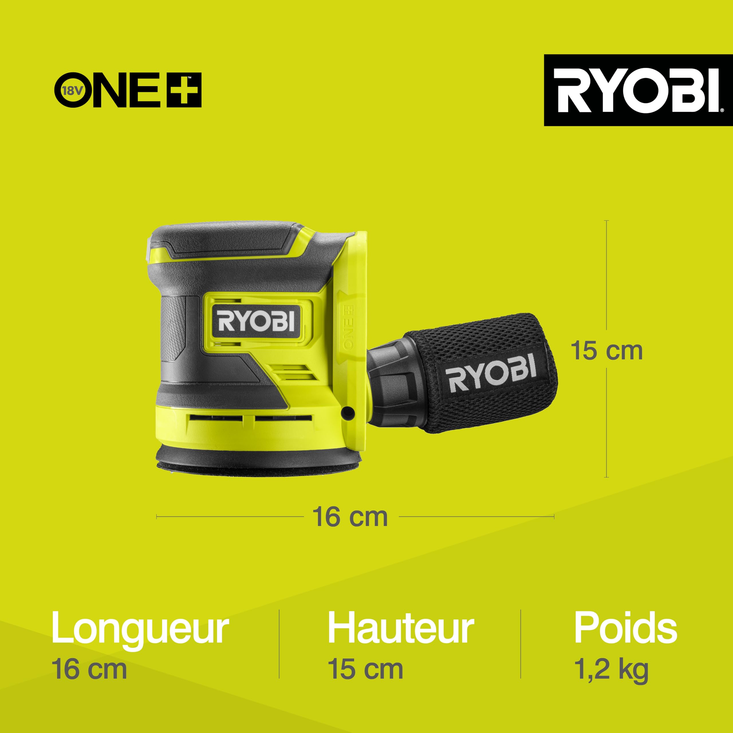 RYOBI - Ponceuse Excentrique Sans Fil 18V ONE+ RROS18-0 – Plateau Ø125 mm, Collecteur de Poussière, Mouvements Orbitaux Puissants – Finition Bois, Peinture, Métal – Batterie Non Incluse