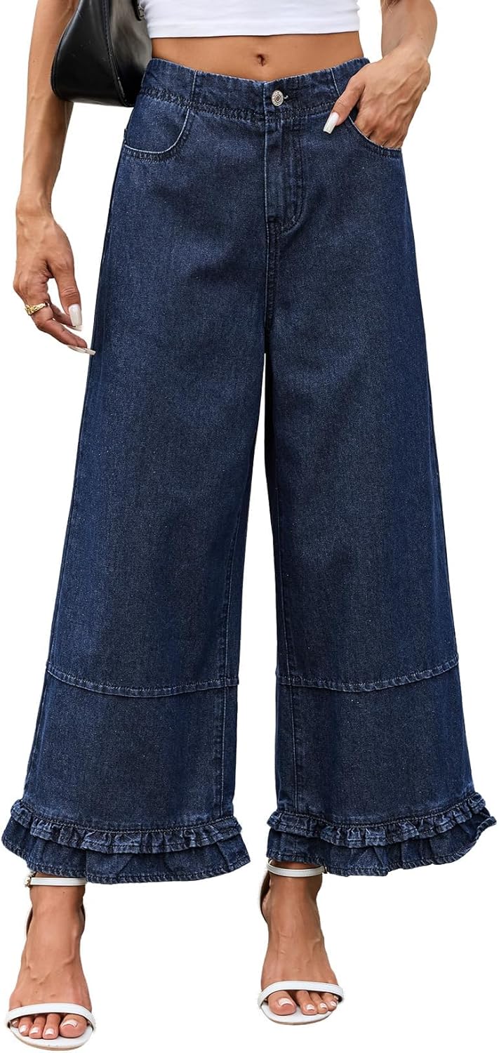 Womens Wide Leg Jeans Summer Casual Gingham Elastic Waist Ruffle Cropped Hem Casual High Waisted Ruffle Hem Zipper Loose Fit