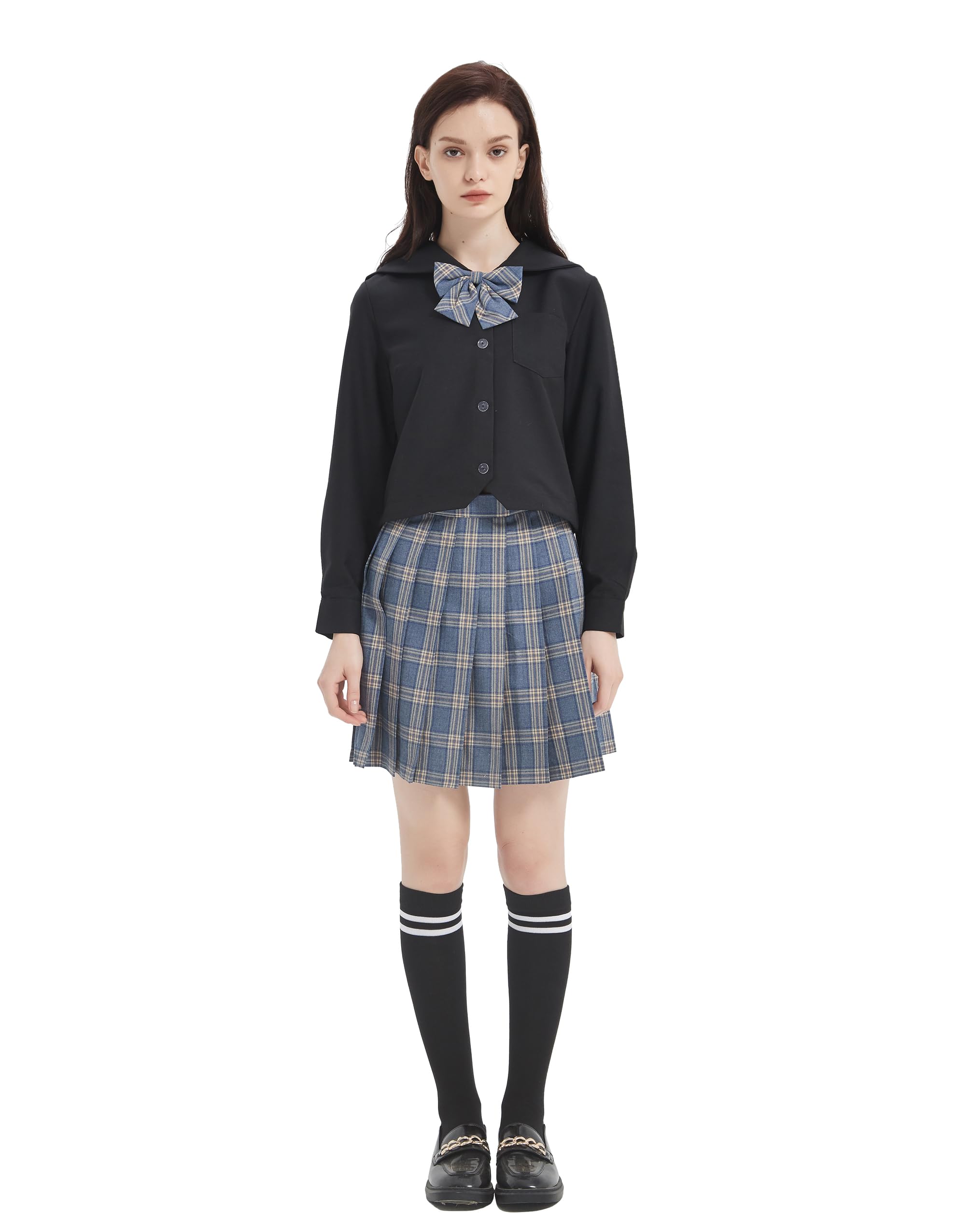 DRGE Mujeres Traje de Uniforme JK para Niñas Uniforme Escolar Japonés Falda Plisada Corta a Cuadros de Cintura Alta y Camisa con Calcetines de Pantorrilla