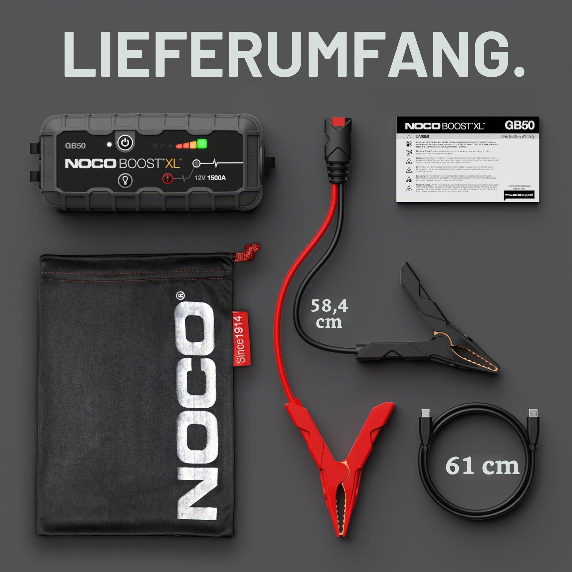 NOCO Boost GB50: 1500A UltraSafe Starthilfe Powerbank – 12V Lithium-Starthilfegerät & Starterkabel – Tragbarer Booster für Benziner bis 7,0L & Diesel bis 4,5L