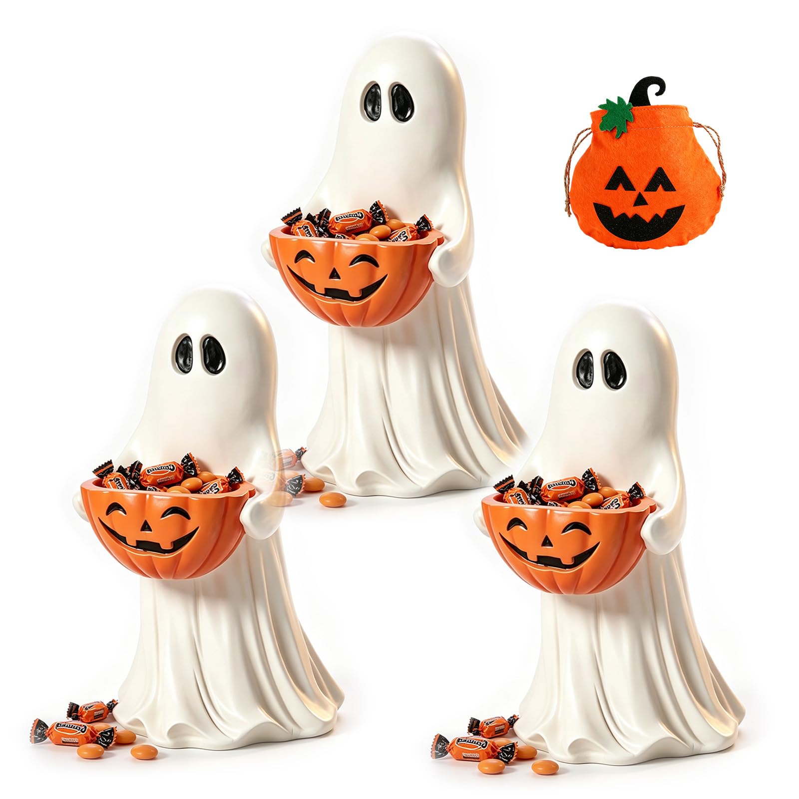 Syeefula 14 Inch Resin Ghost Statue with Pumpkin Candy Bowl, Halloween Decoration (3PCS)