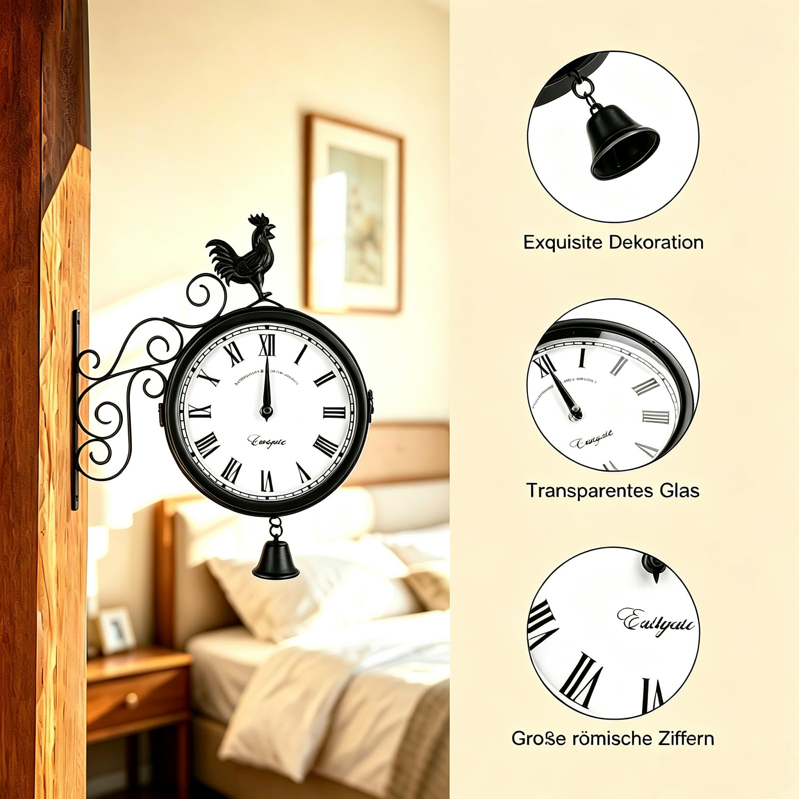 Bahnhofsuhr Doppelseitig, 20cm Zifferblatts Retro Wandmontage Gartenuhr, Analoge Wanduhr mit Leises Uhrwerk, 30 x 37 cm für Garten, Bahnhof, Schlafzimmer, Wohnzimmer, Büro