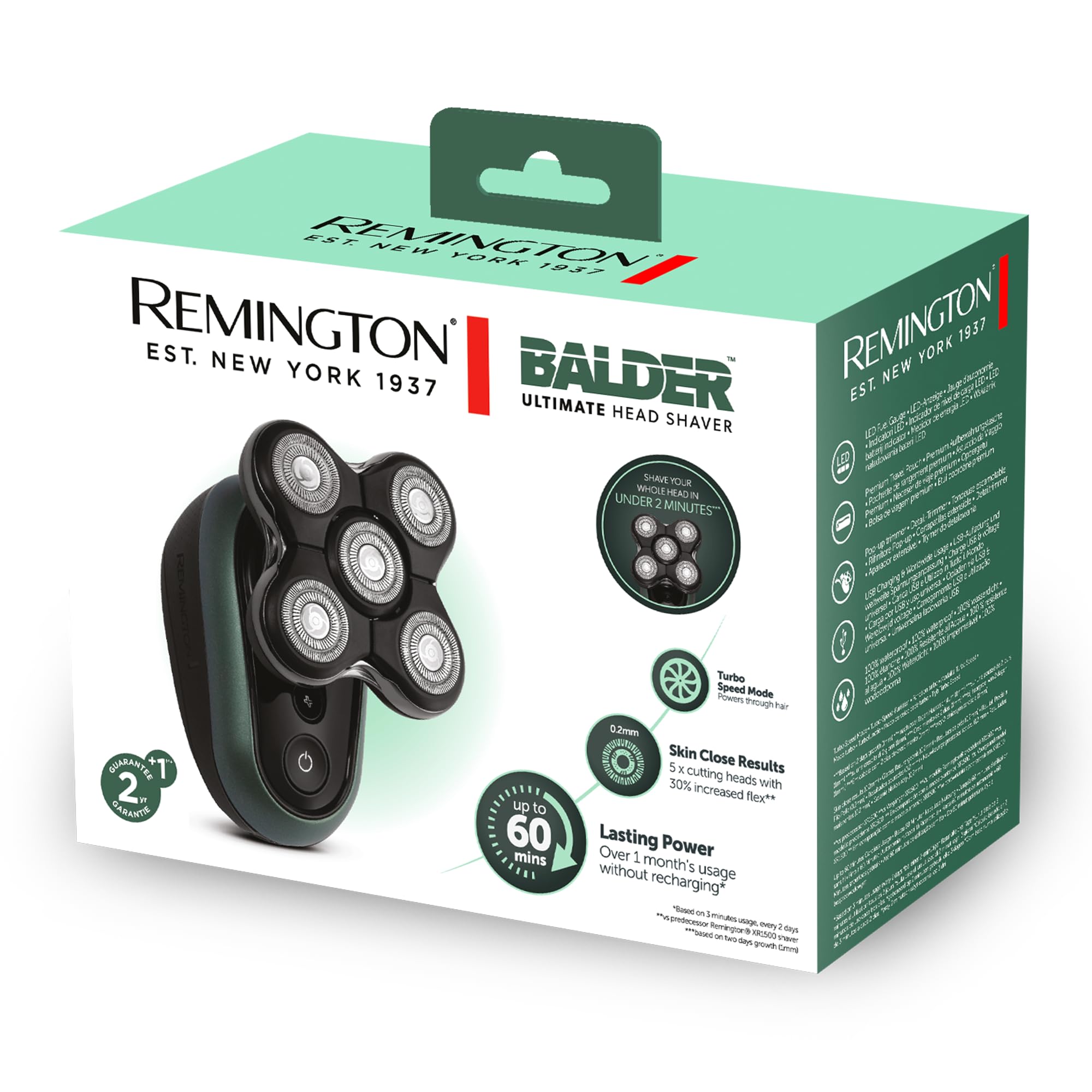 Remington Rasoir électrique [Spécial Tête rasée/chauve Fonction Turbo] RX7 Ultimate (Ultra Rapide, 5 têtes Flexibles, Résultat Précis, Tondeuse rétractable,Wet&Dry, Sans Fil 60min, Charge USB) XR1600
