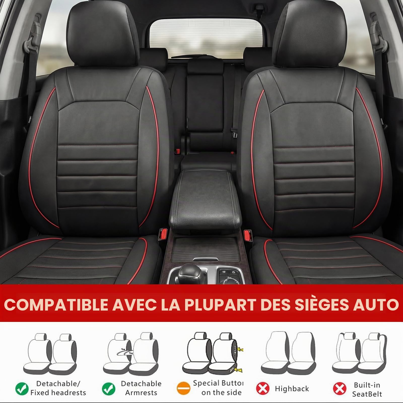 AUTOYOUTH Housses de siège avant universelles imperméables en cuir PU Rouge/noir Compatible avec airbag Paire pour SUV Van Berline