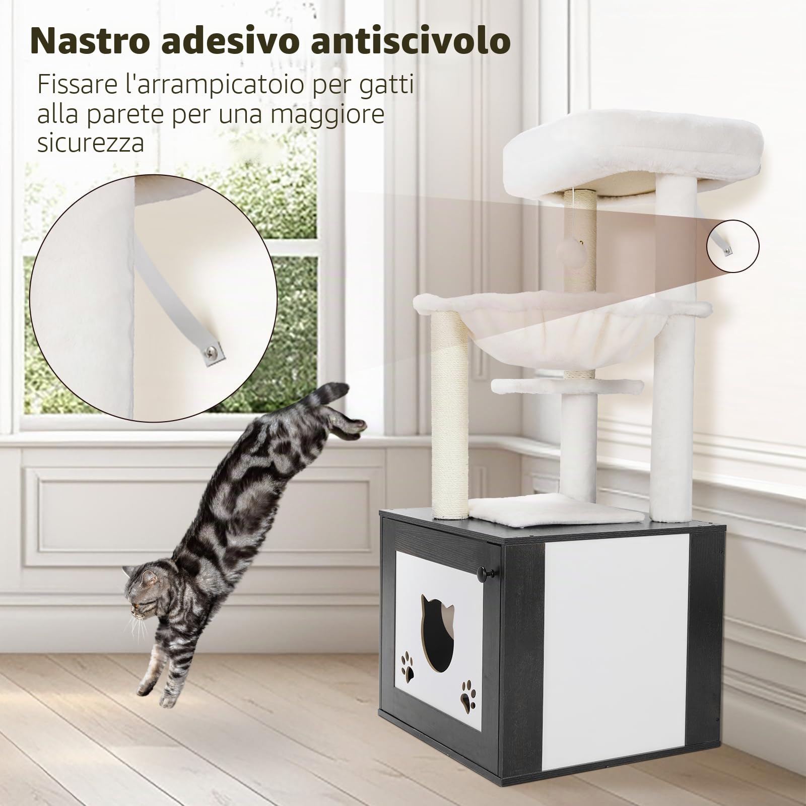 MAMIZO Tiragraffi con armadietto per gatti, 2 in 1, nido rimovibile per gatti in peluche, altezza 119 cm, lavabile, cuscini in peluche, mobili per gatti, tiragraffi in legno, tronchi in sisal, amaca