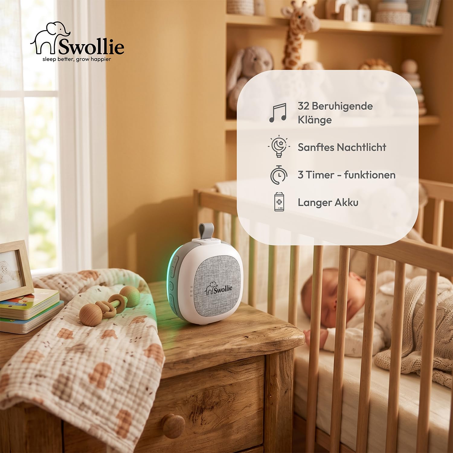 Tragbares White Noise Gerät & RGB Nachtlicht mit Soundsensor, 32 beruhigende Geräusche, extra großer Akku bis zu 26 Std. Laufzeit, Einschlafhilfe für Babys, Sound Machine, Babyparty Geschenk