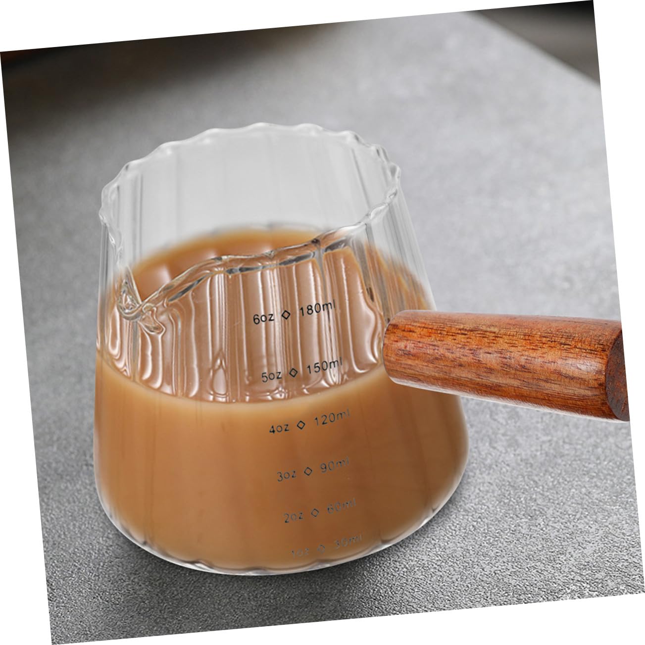 2 piezas Jarras Medidoras para Leche con Mango de Madera Vaso Pequeño para Espresso y Medidor Multifuncional para Cocina Transparente