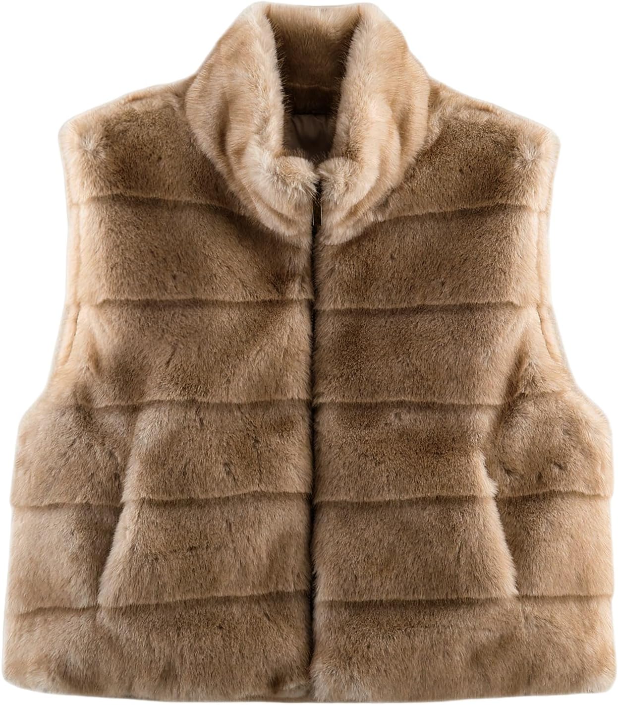 Womens Fluffy Faux Fur Vest Sleeveless Fuzzy Jacket Fleece Chinchilla Color Striped Full Zip Winter Furry Vests