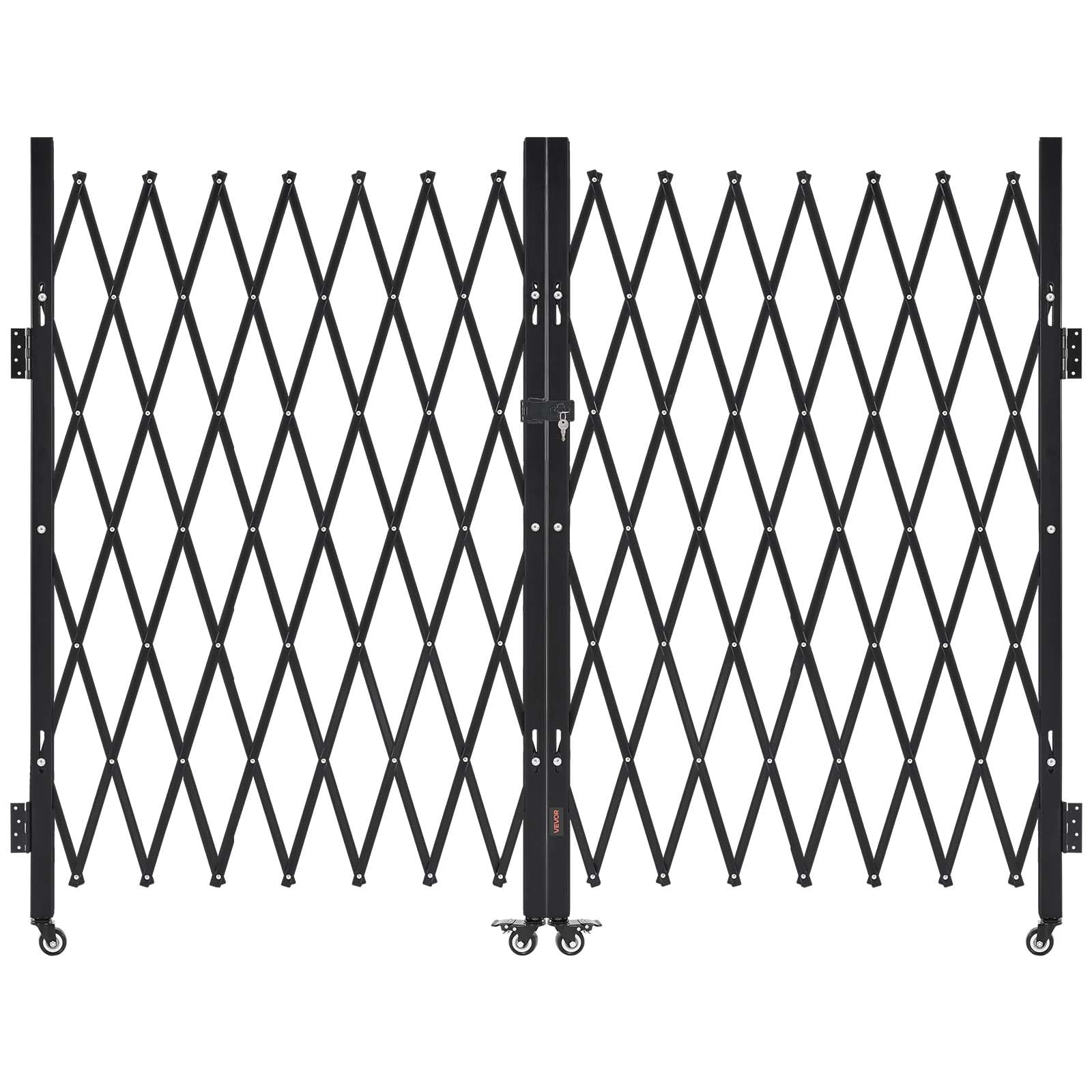 vevor double folding security gate, lockable scissor gate with 360° swivel casters, outdoor barricade steel retractable gates, for entry security, garage, warehouse & pool, 129.92 x 63.19 in (w x h)