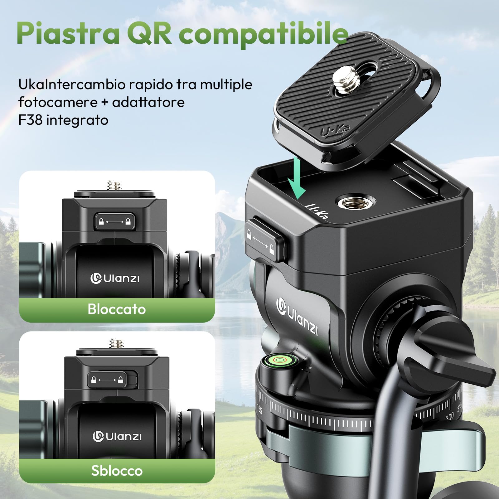 Ulanzi JJ06 GlideGo Treppiede da viaggio in Fibra di Carbonio, Pan&-50°/+60° Tilt Pan, Pesa 1.76kg, Portata 18kg, Altezza 187cm, Uka quick release, Compatto cavalletto fotografico per DSLR/Mirrorless