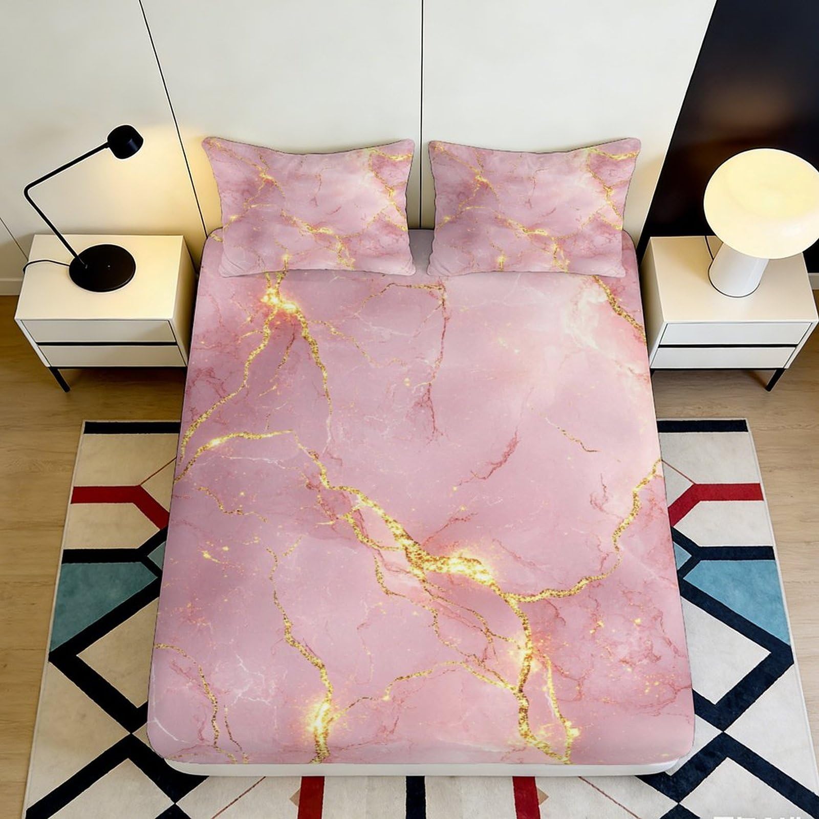 Pnayamiorkfel Style-6 3D Printed Pink Marble Fitted Sheet Microfiber Soft Non-Slip Golden Veins Bed Cover Bedroom Dorm Mattress Protector 90X200x25cm