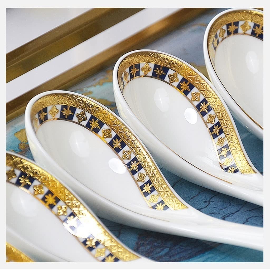 Cucharas de Postre Cucharas de Postre Cuchara de Sopa asiática 3 Piezas Cuchara de Sopa China Tangshan Porcelana Estilo Europeo Relieve Oro Hueso China Vajilla Cucharillas Cafe(A)