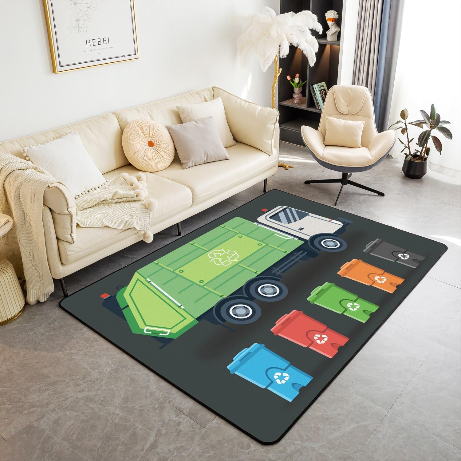 Garbage Truck Area Rug 3'x5'(100cmX150cmX1cm),Cartoon Trash Truck Decor Non Shedding Rug for Teens,Green Vehicle Car Decorative Carpet for Playroom Bedroom Dining Room