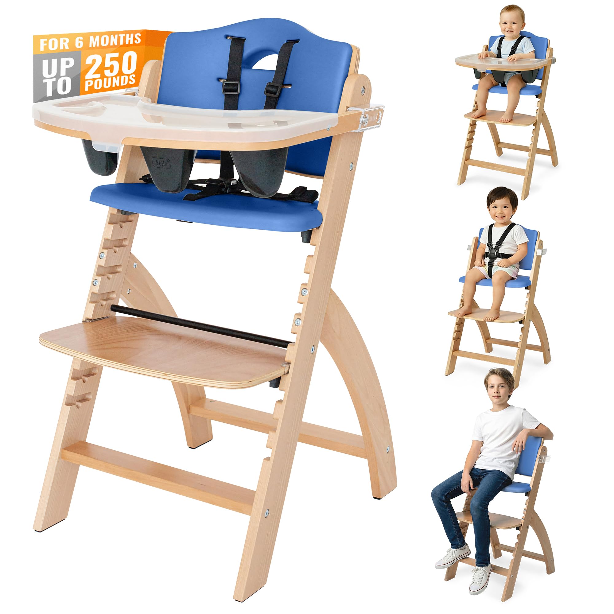 Abiie Beyond Junior Wooden High Chair for Babies and Toddlers - Convertible 3-in-1 Baby Highchair with Removable Tray - 6 Months to 250 Lb - Water Resistant - Natural Wood/Blueberry Cushion Natural Wood - Blue Cushion