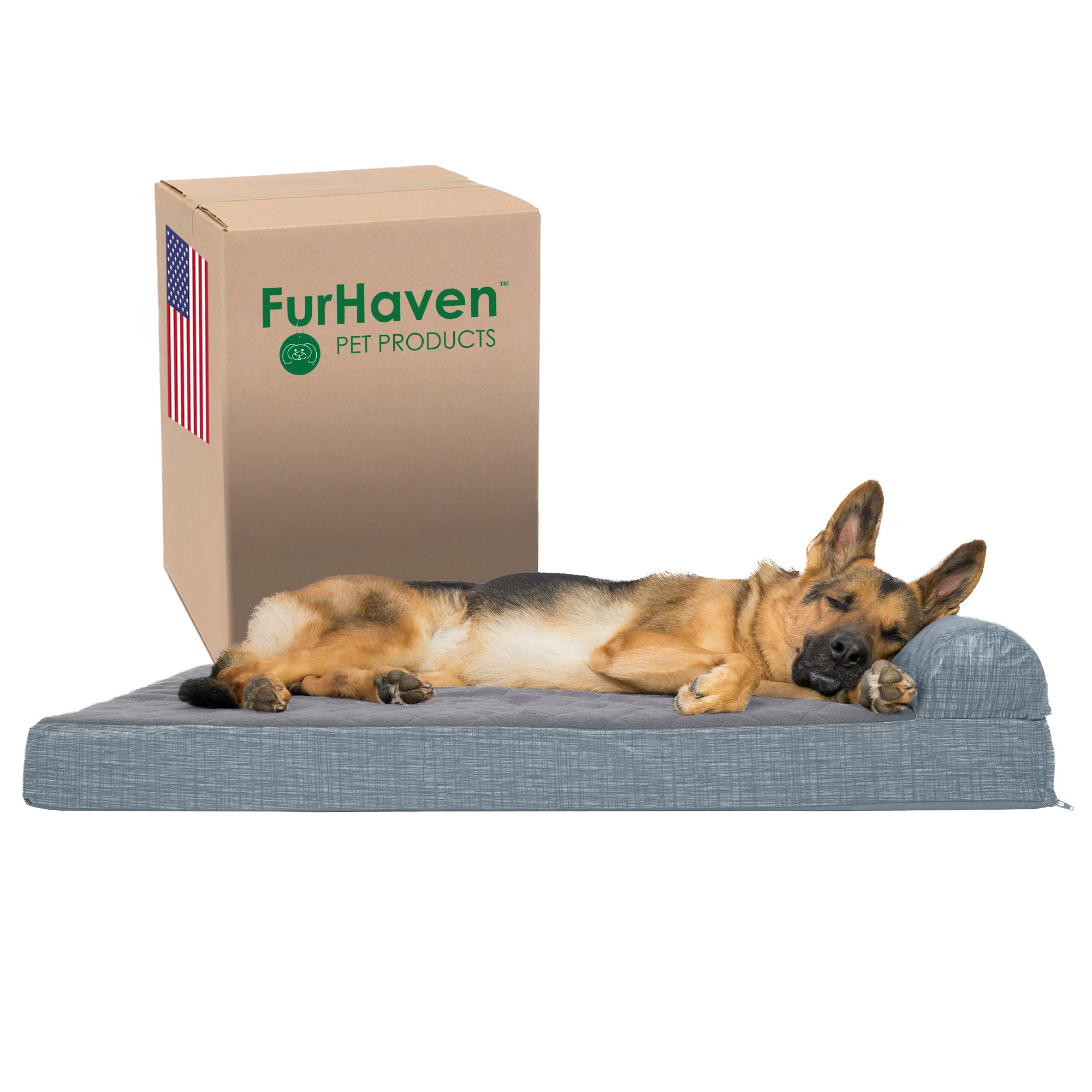 Furhaven Pet 43539287 Jumbo Quilted Fleece & Print Suede Chaise Lounge Orthopedic Sofa Pet Bed, Titanium