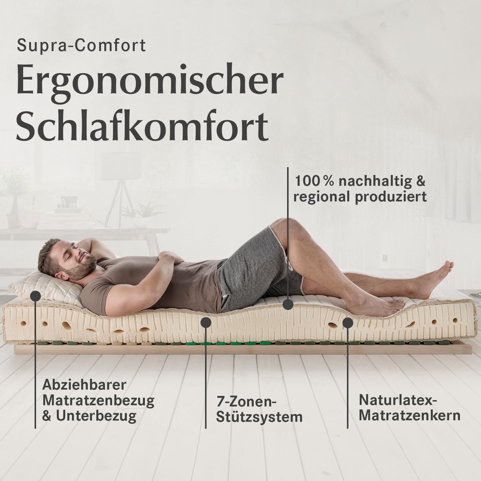 allnatura 7-Zonen Naturlatex-Matratze Supra-Comfort - 90x200 cm, H4 fest