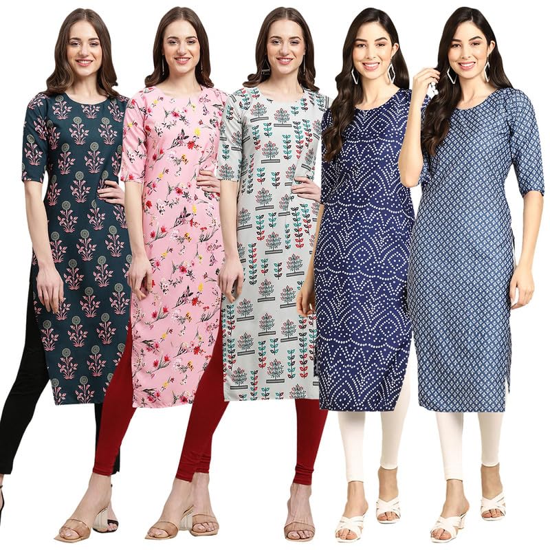 Pinkmint Crepe Digital Printed Kurti For Womens Straight Kurti For Women (Pack Of 5)