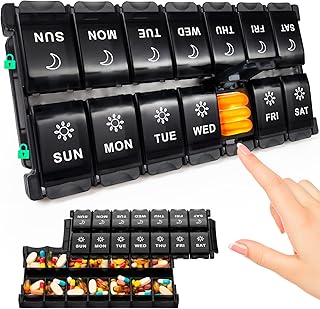 Large Pill Organizer 2 Times a Day, Push Botton 7 Day Pill Box, Weekly Day Night Vitamin Organizer, Am Pm Medicine Organizer, Big Pill Container, Pill Case for Vitamin, Fish Oils, Supplement