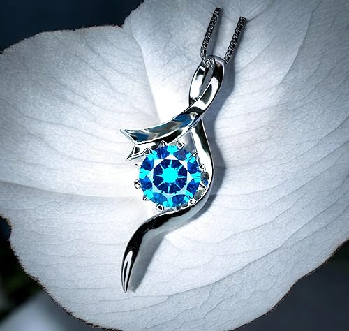 Miniatura 4 de Round Blue Topaz Necklace - November Birthstone Sterling Silver Swirl Bow Infinity 8 mm 2 CT Blue Topaz Pendant - 18kgp White gold Blue Gemstone