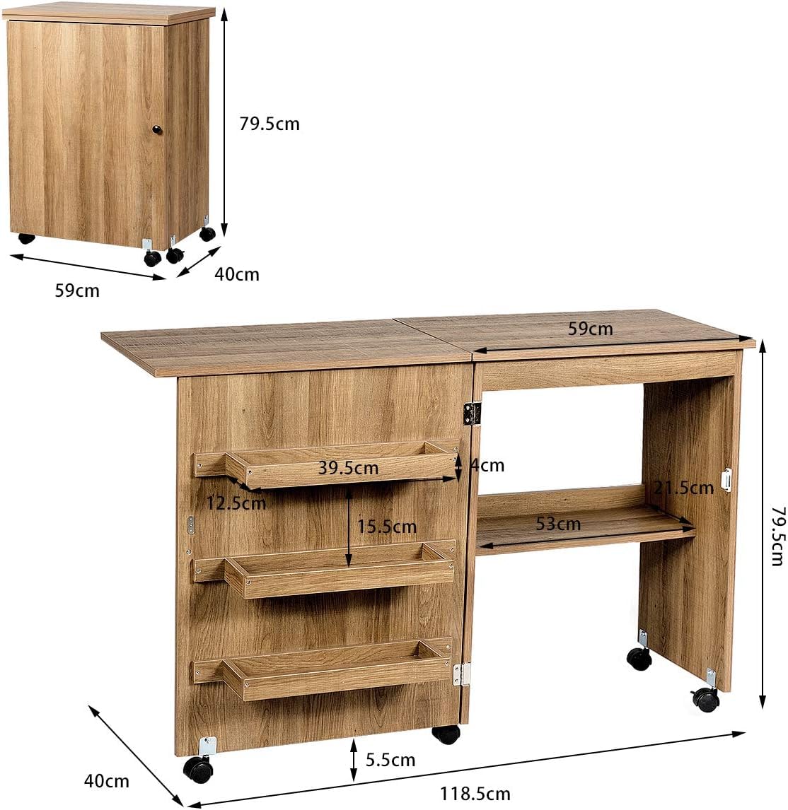 FANTASK Armario de Costura y Escritorio Plegable de Madera, Mesa de Costura Natural con 3 estantes para bobinas, Mesa de Costura para salón y Dormitorio con Ruedas bloqueables