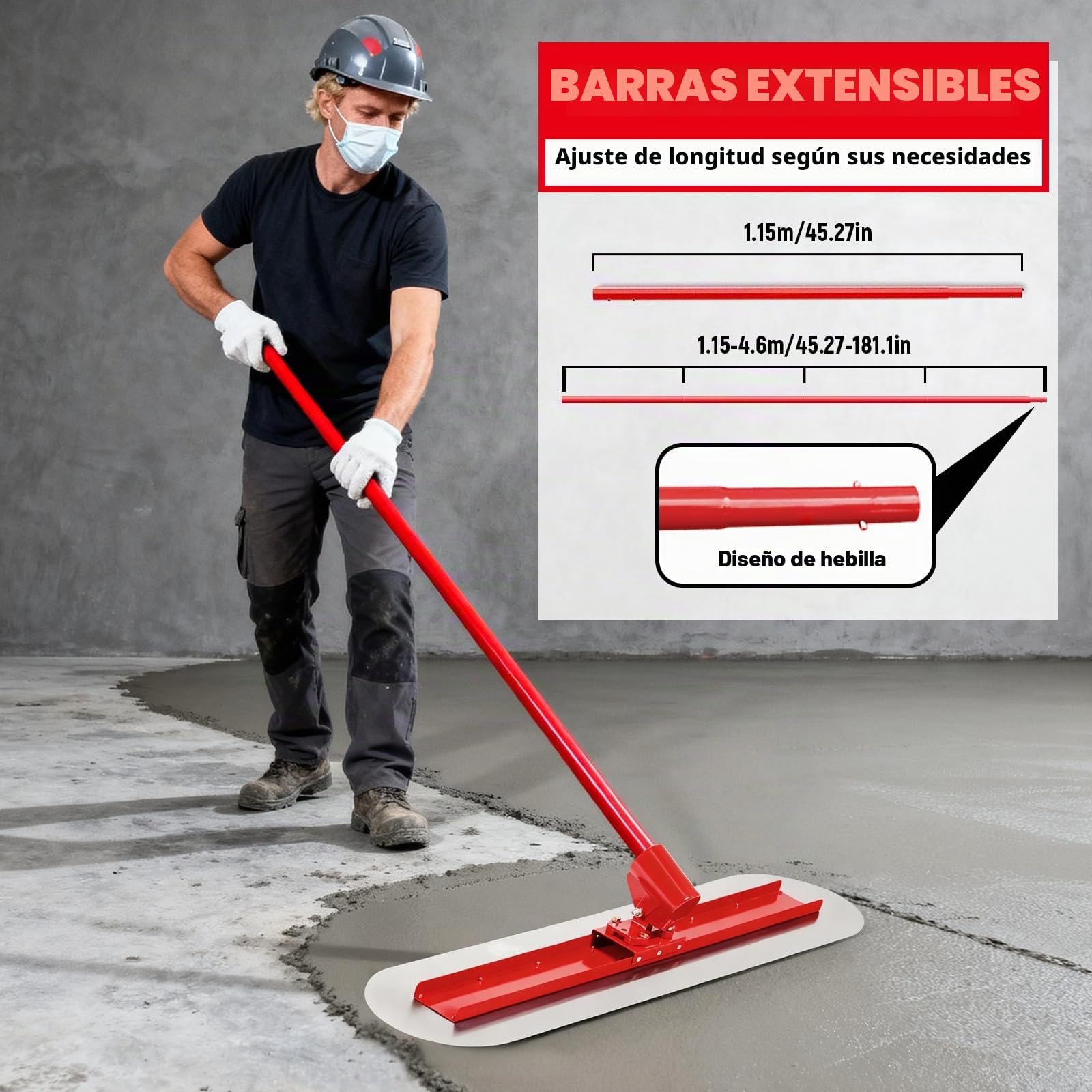 LIROPAU Juego de herramientas para alisar hormigón, Bull Float Concrete Float 90 x 20 cm, alisador de hormigón de acero inoxidable con paleta y soporte ajustable de 4 x 1,15 m para pavimentar suelos