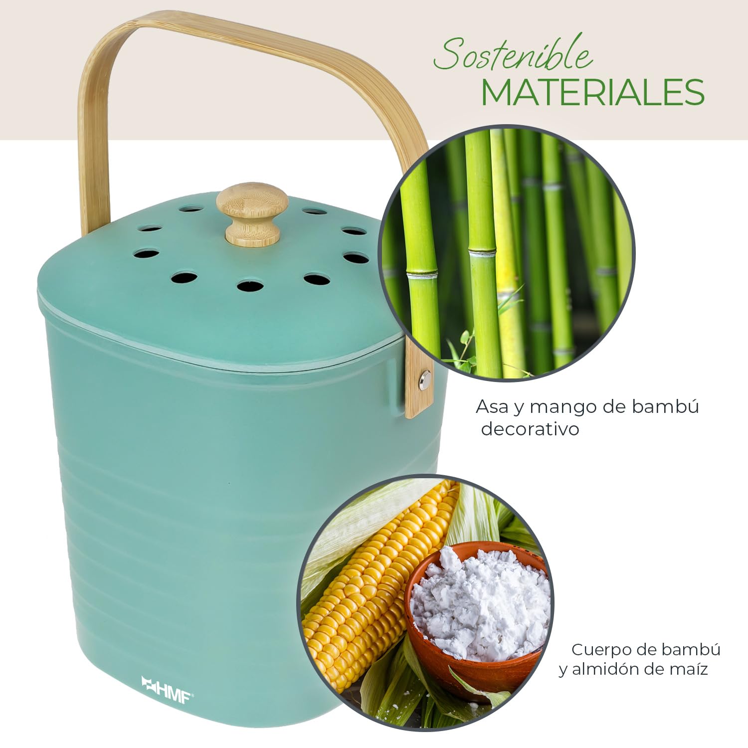 HMF Cubo de basura orgánico sostenible para cocina, a prueba de olores, con tapa, 3 litros, verde (3780-3L-06)