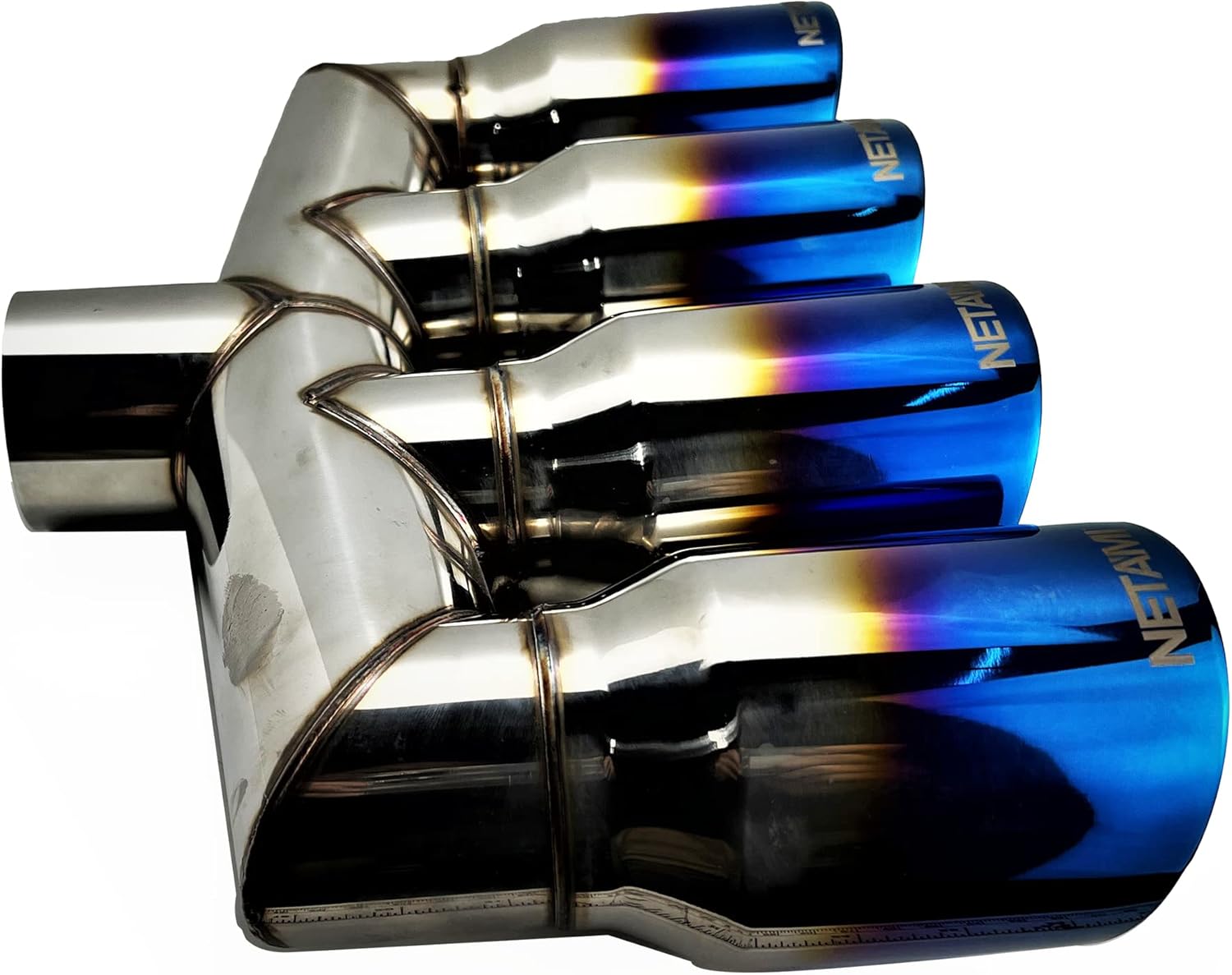 NETAMI 3.0 inch Inlet to 4.0 inch Quad Outlets Exhaust Tip Stainess Dual Wall Blue Burnt Tips