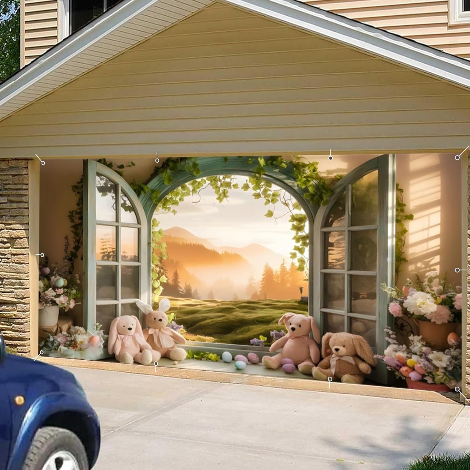 Spring Easter Garage Door Decorations 7x16ft Spring Garden Garage Door covers Happy Easter Backdrop Window Bunny Eggs Background Large Easter Garage Door Cover Outdoor Indoor Decor