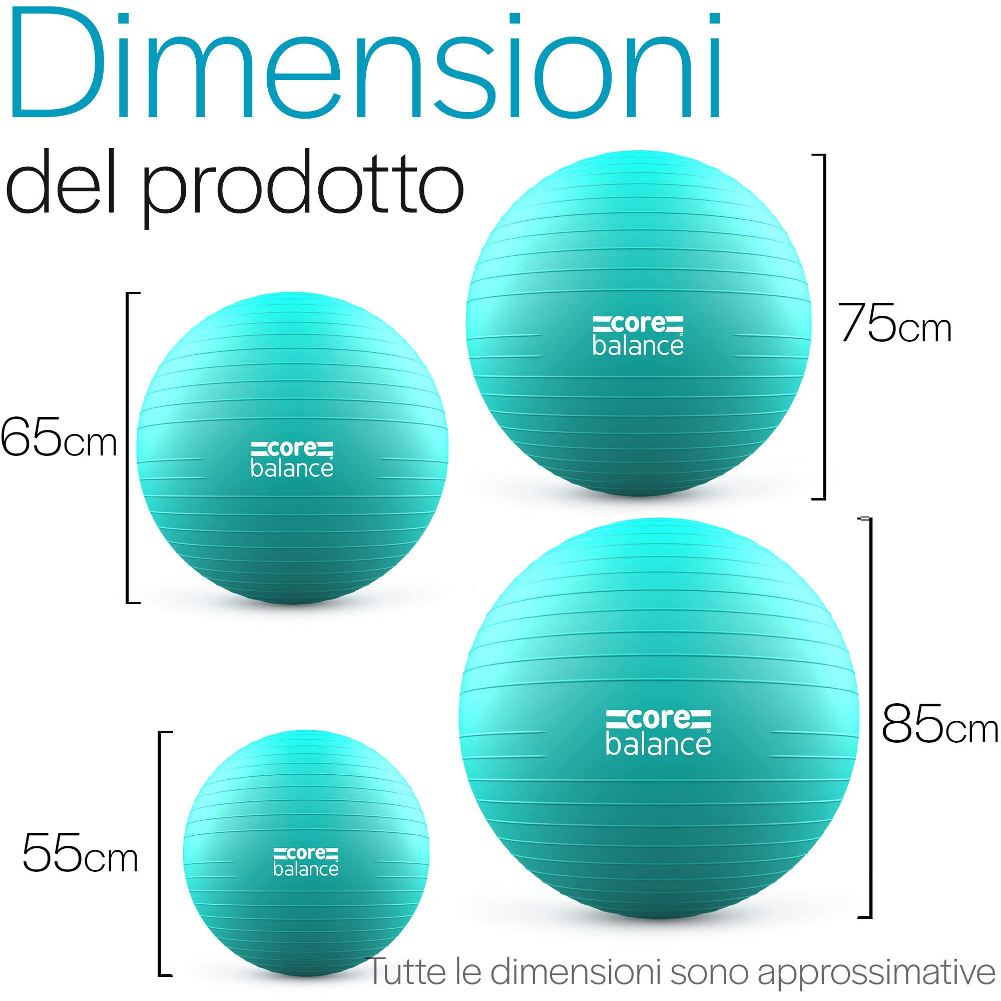Core Balance Gym Ball- Palla da Palestra in Materiale Resistente- Esercizi Fitness Yoga Gravidanza -Anti Scoppio- Anti Scivolo- 55cm 65cm 75cm 85cm- Pompa rimozione Inclusi