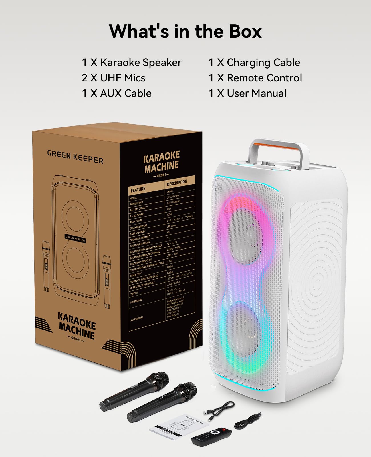 GKD61 Karaoke-Maschine für Erwachsene, 2 Kabellose UHF-Mikrofone, 400W Spitzenleistung, Tragbarer Bluetooth-Lautsprecher mit Zwei 6,5" Subwoofern, Karaoke mit Bass- und Höhenregler für Outdoor-Partys
