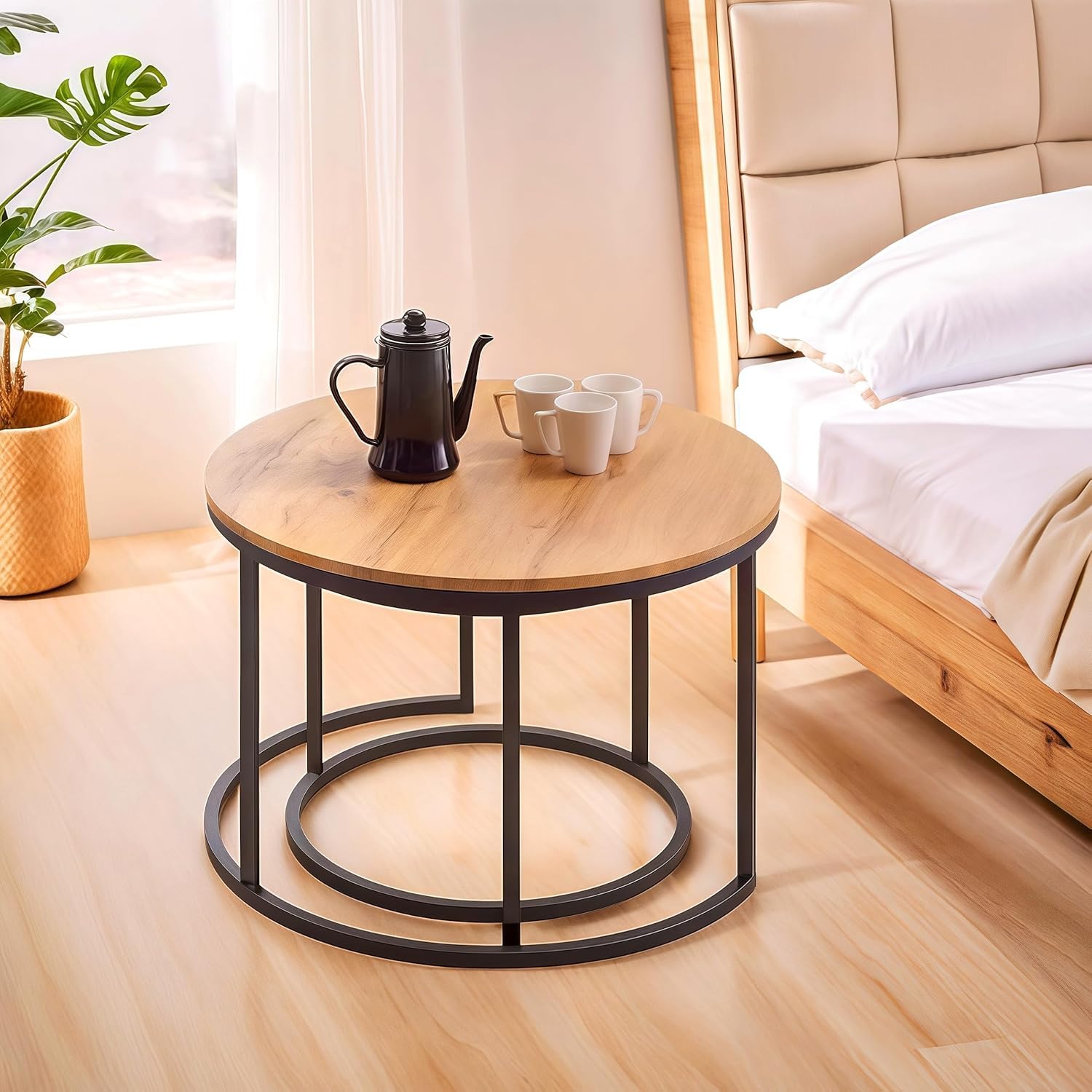 Mesa de Centro Redonda Juego de 2 Mesas Nido 70/50 cm con Tablero Madera y Estructura Metálica Negra, Mesa Auxiliar Moderna para Salón