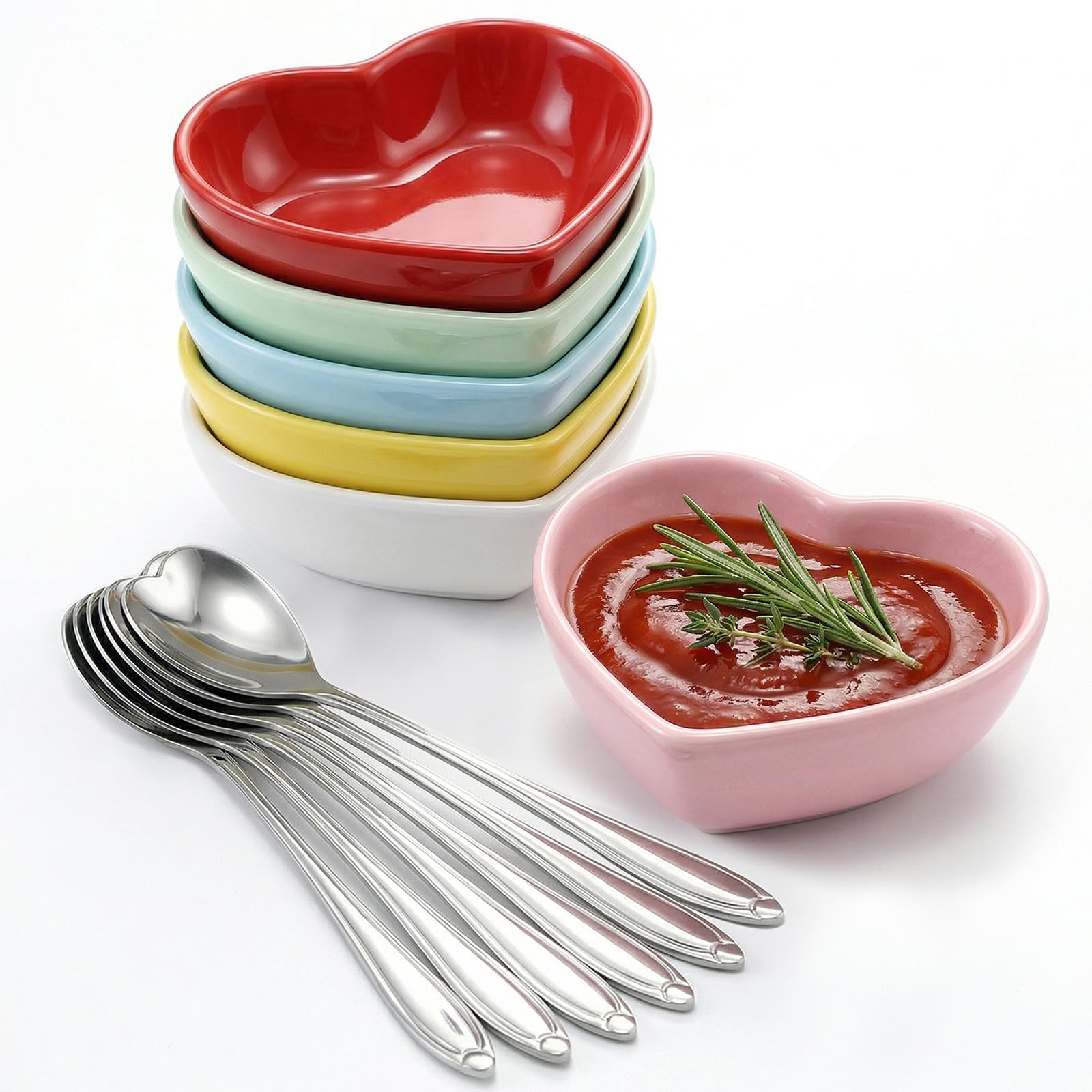 Mssushi 6 Pcs Heart Dipping Bowls Ceramic 70ml, Colorful